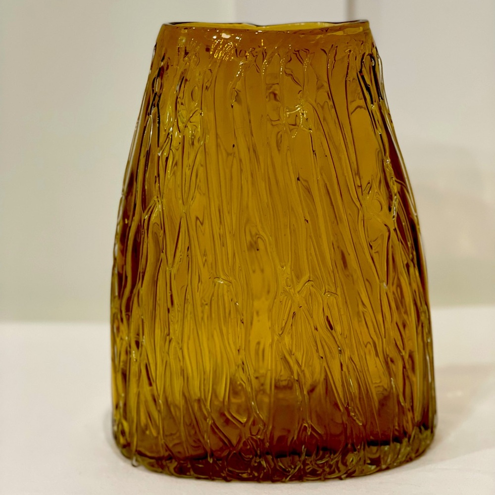 Vintage Empoli Amber Glass Vase Embossed Wax Drip Design Flat Oval Skirt Shape